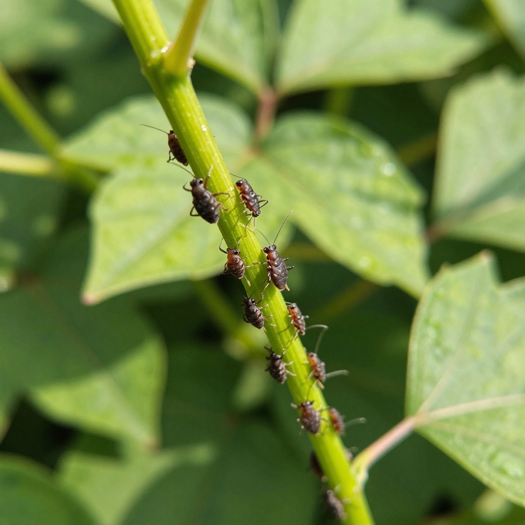 Aphids on a green plant stem