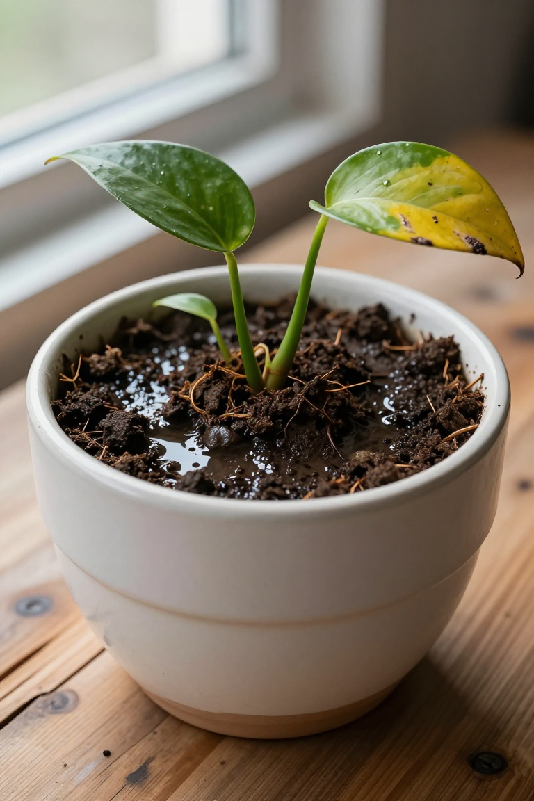 Pot without drainage holes, soggy soil