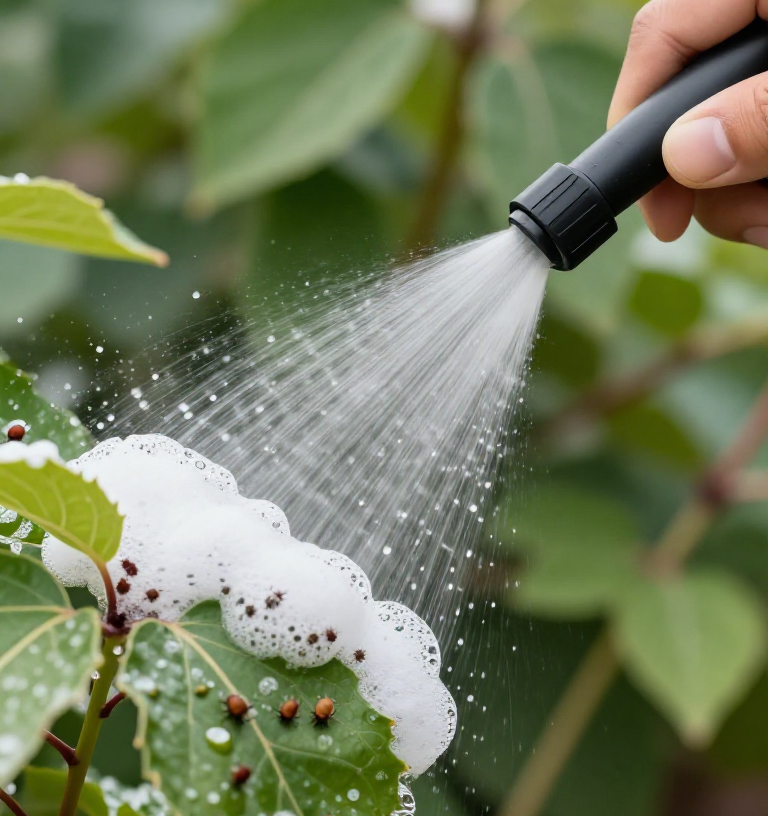 Soapy water on aphids on plant
