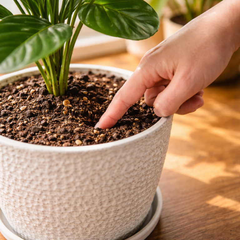 checking soil moisture in indoor plant pot