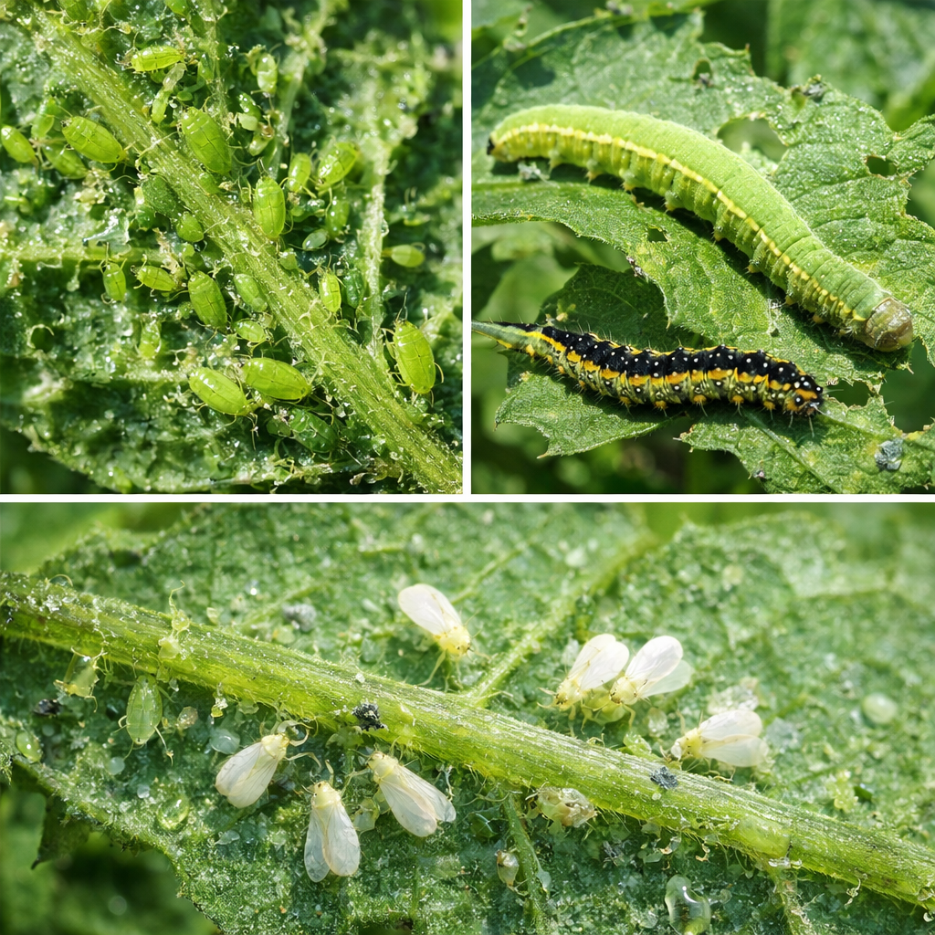 Collage showing common garden pests including aphids, caterpillars, and whiteflies on plant leaves
