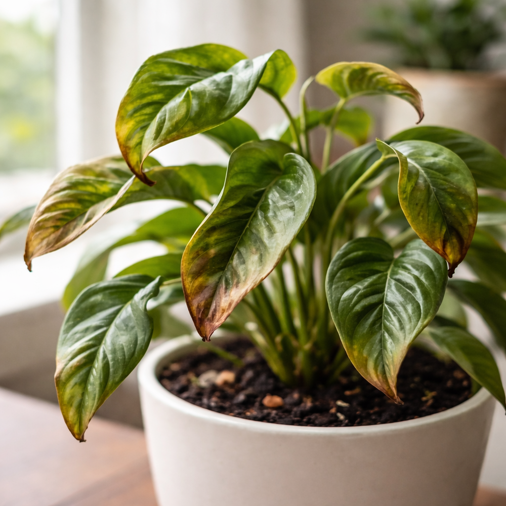 Indoor plant with curled leaves caused by improper watering near a window