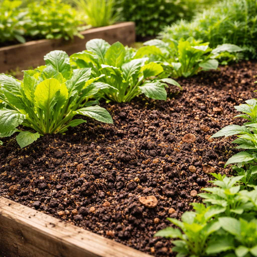Garden bed with dark fertile soil mixed with compost and growing plants