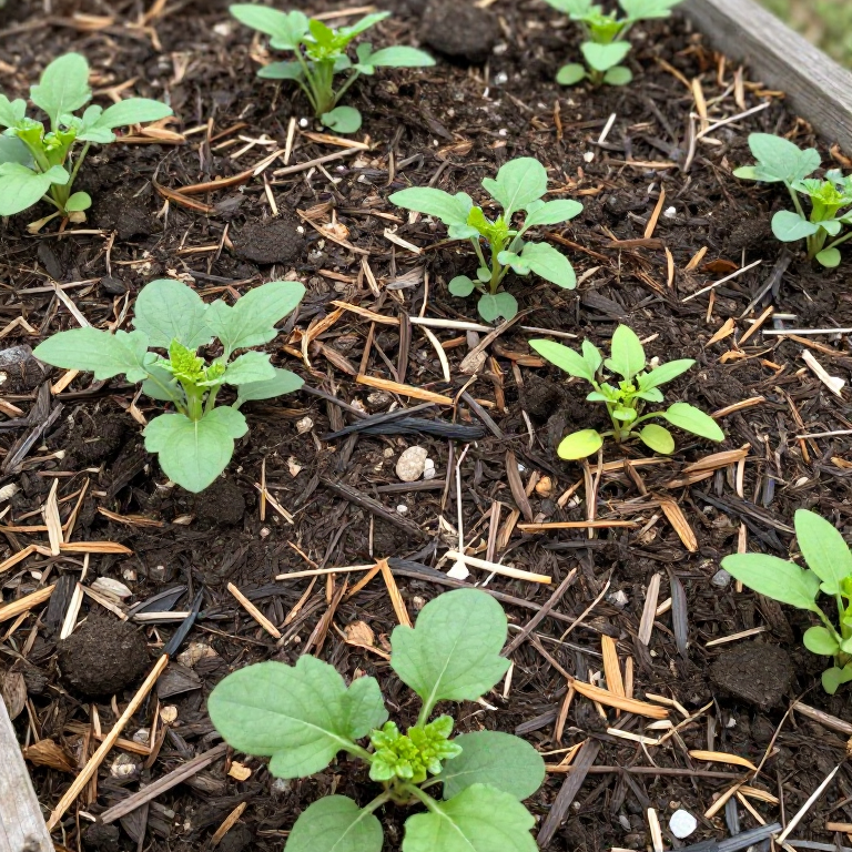 Garden bed covered with organic mulch around plants
