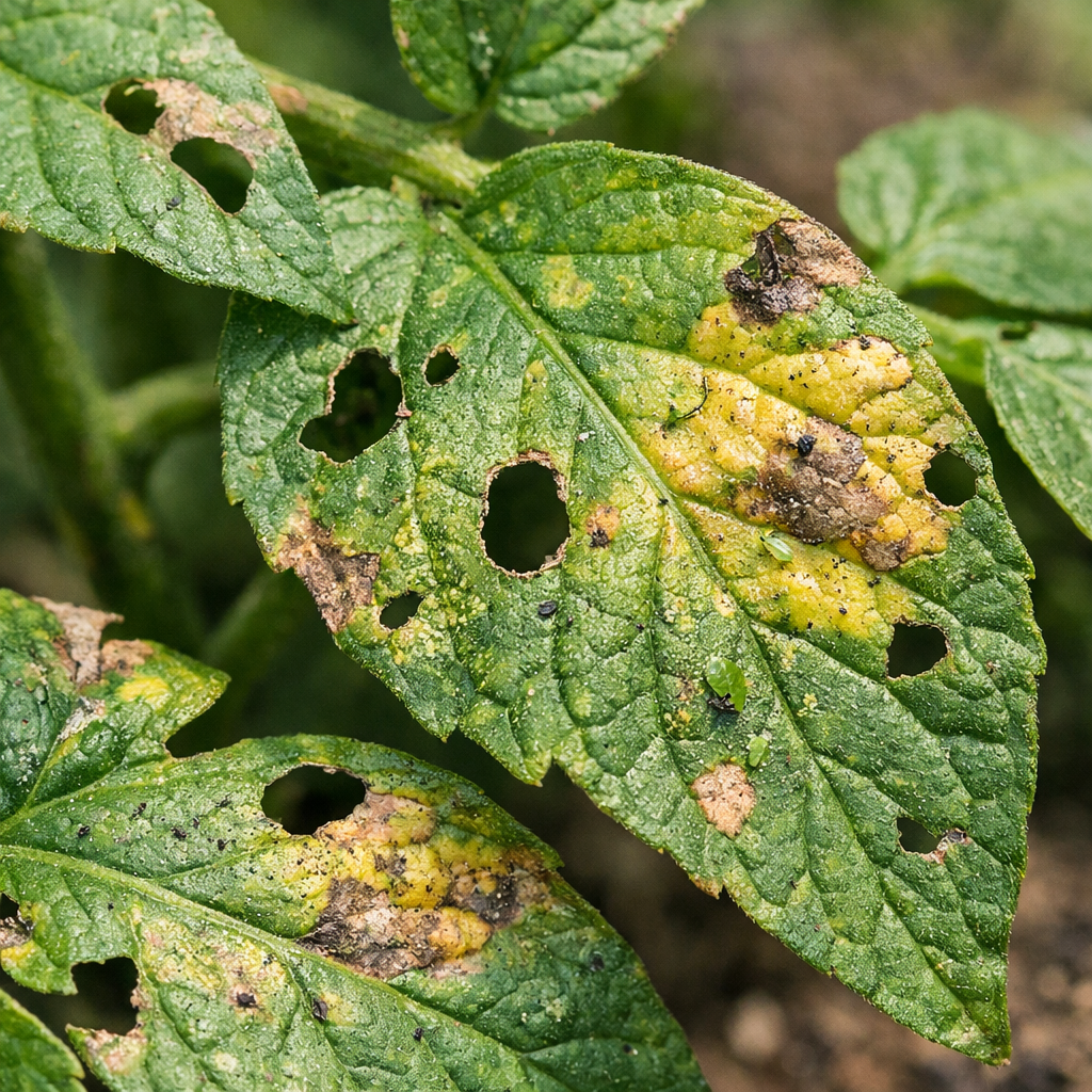 Garden plant leaves damaged by pests showing holes and discoloration