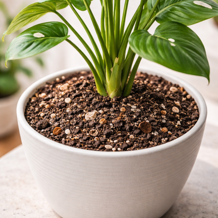 Indoor houseplant in a pot with loose well-draining soil mix
