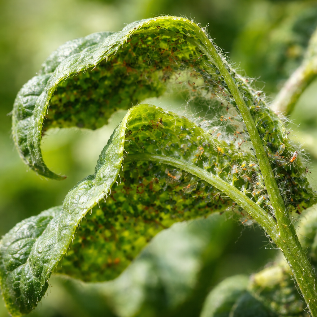 Plant leaves curling due to aphids and spider mites on the leaf undersides