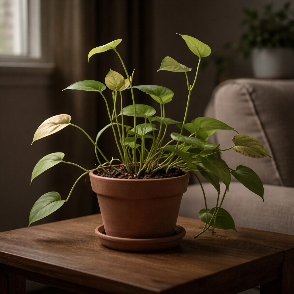 Indoor houseplant with weak growth caused by low light conditions
