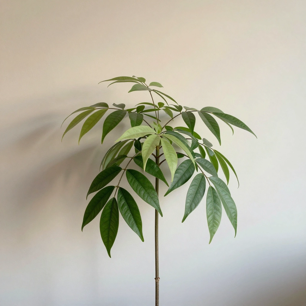 Houseplant with leggy stems and pale leaves caused by low light