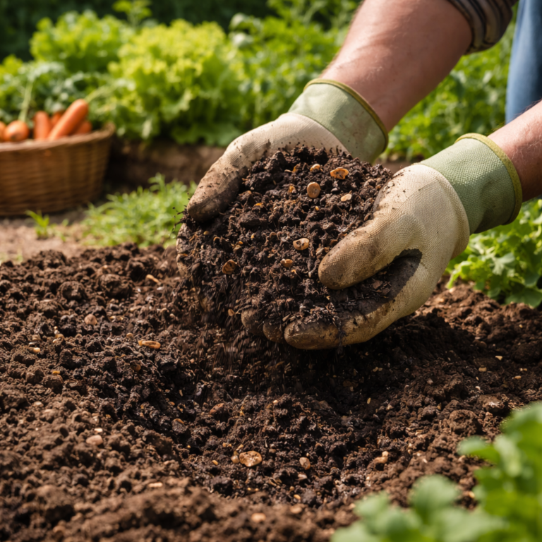 Gardener mixing compost into garden soil by hand to improve soil fertility