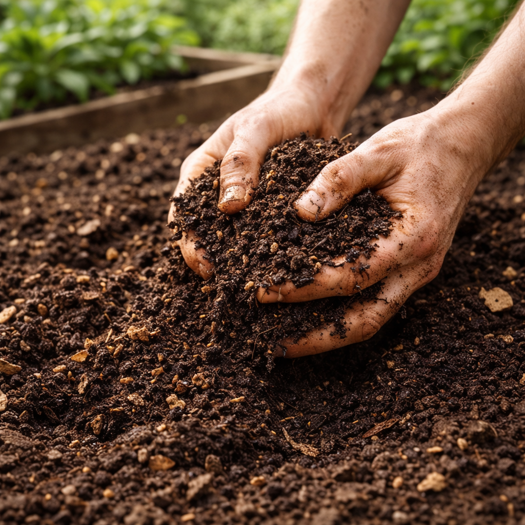 Hands mixing compost into soil in a garden bed