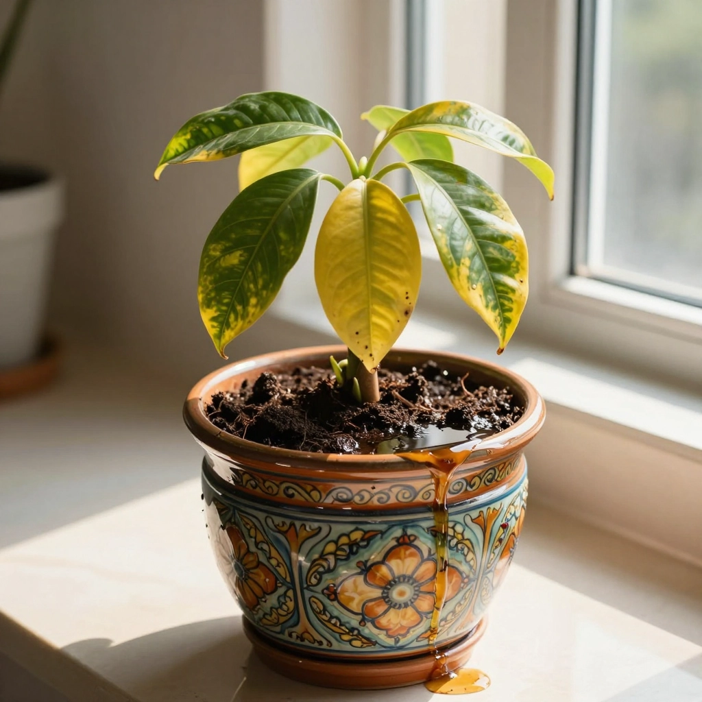 plant in pot with drainage holes and water draining out