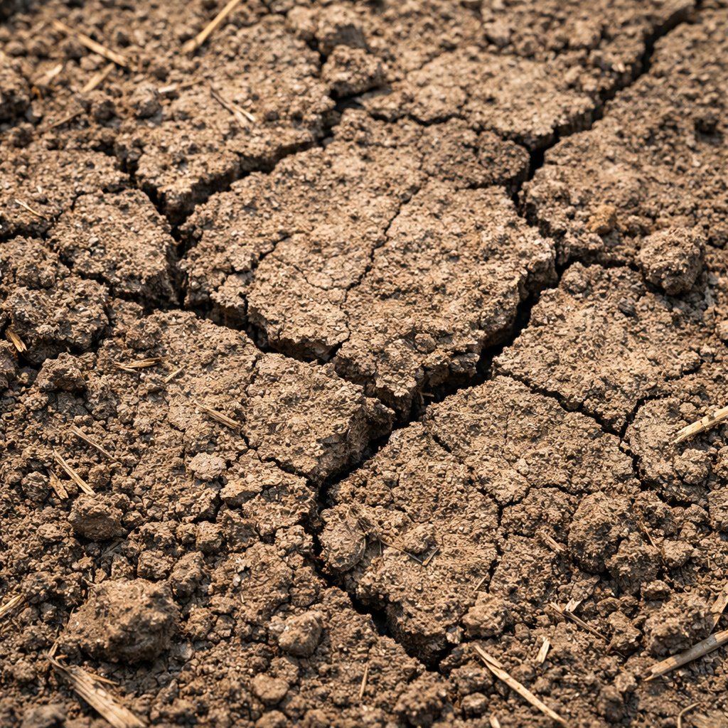 Close-up of poor garden soil showing dry, compacted earth with cracks