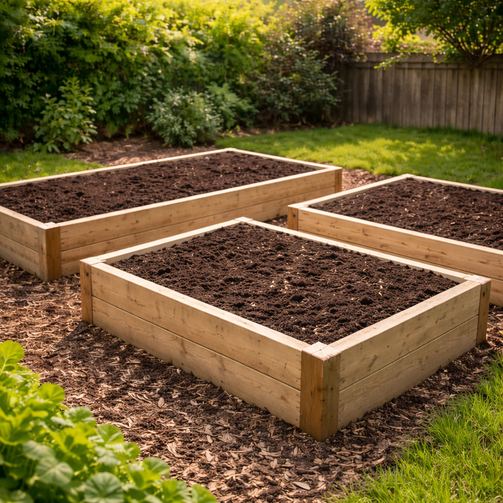 Raised garden beds filled with prepared soil before planting in a backyard garden