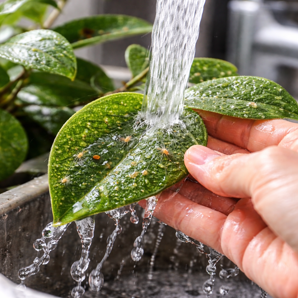 Rinsing houseplant leaves with water to remove spider mites