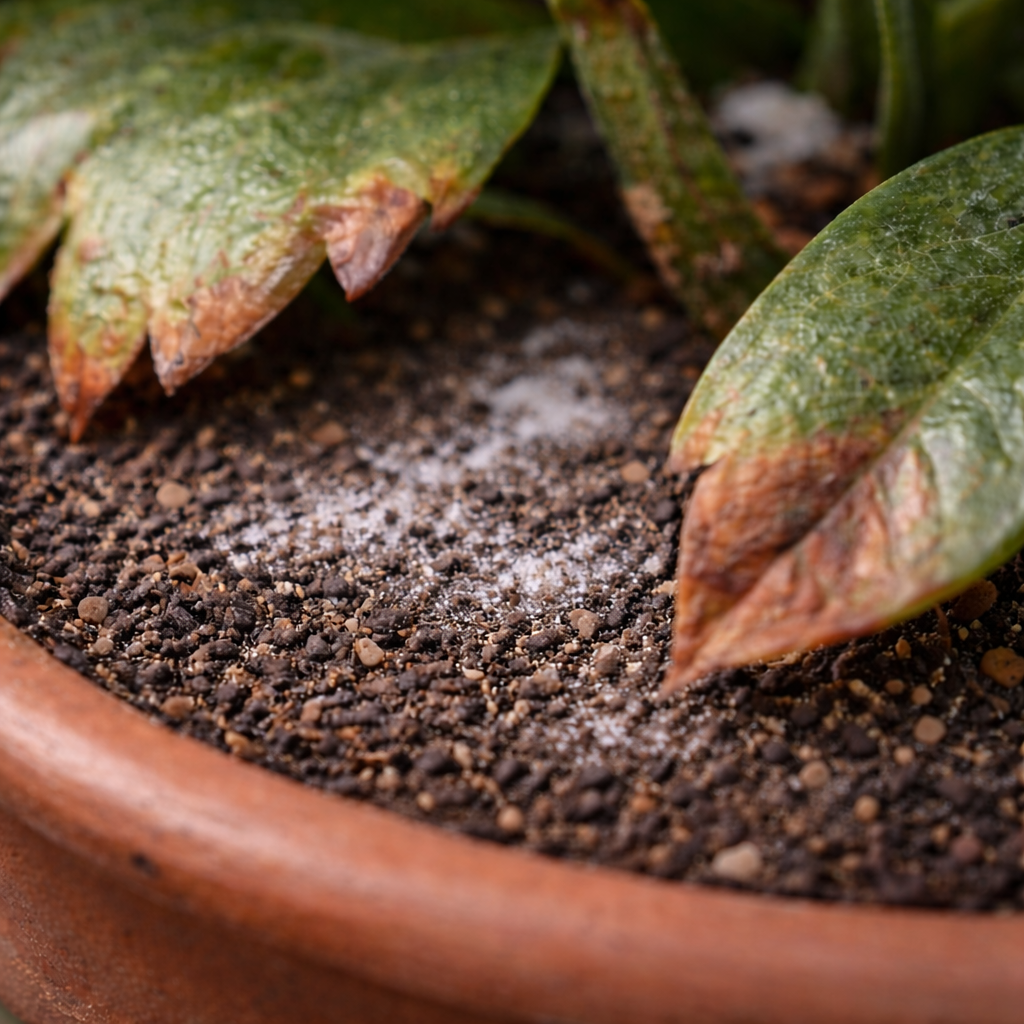 Brown tips on leaves caused by fertilizer salt buildup in soil
