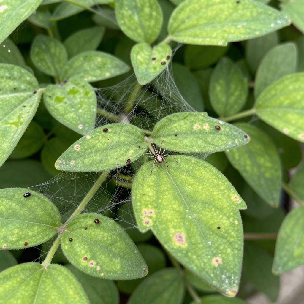 Spider mites on houseplant leaves with fine webbing