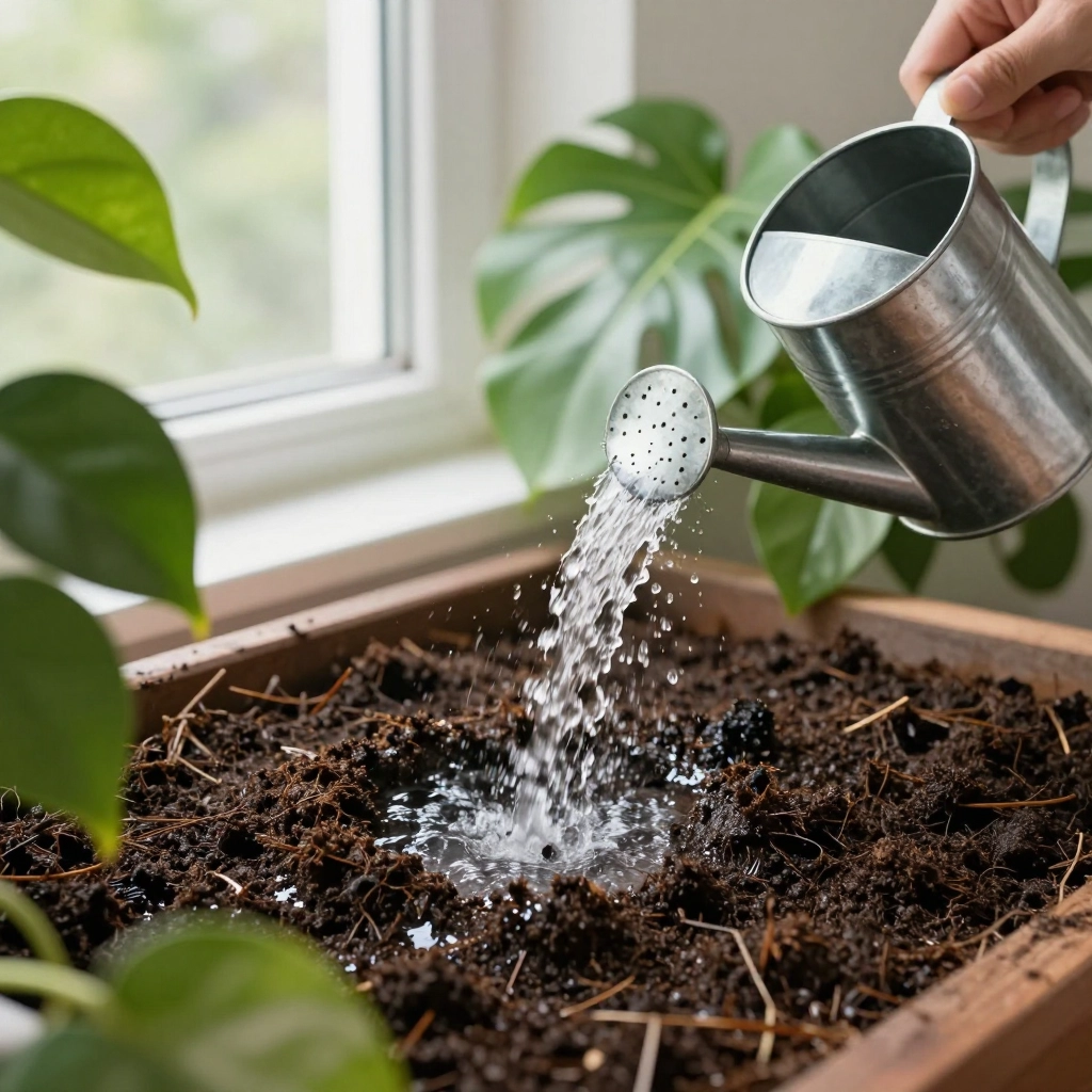 watering houseplant deeply and evenly