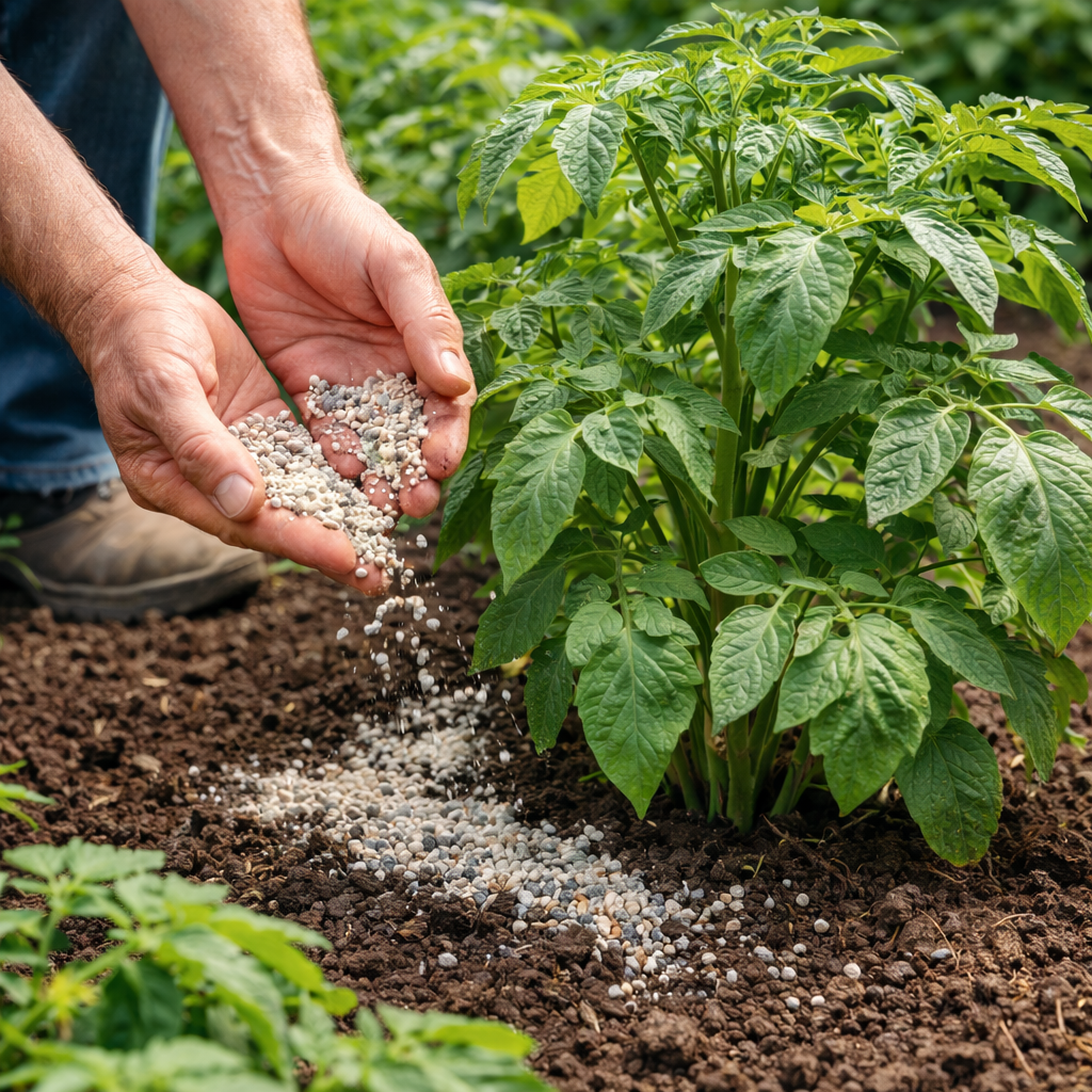 Gardener applying balanced granular fertilizer around healthy green garden plants