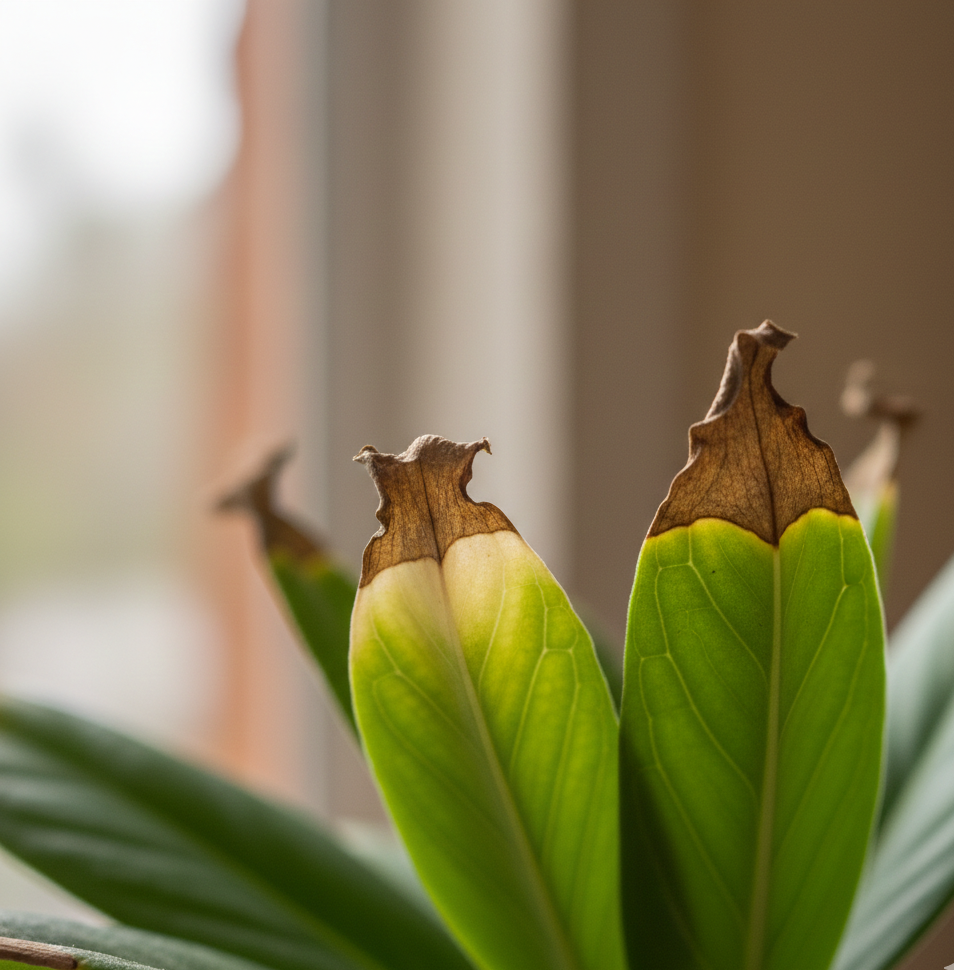 Close-up of green plant leaves with brown, dry tips caused by nutrient deficiency