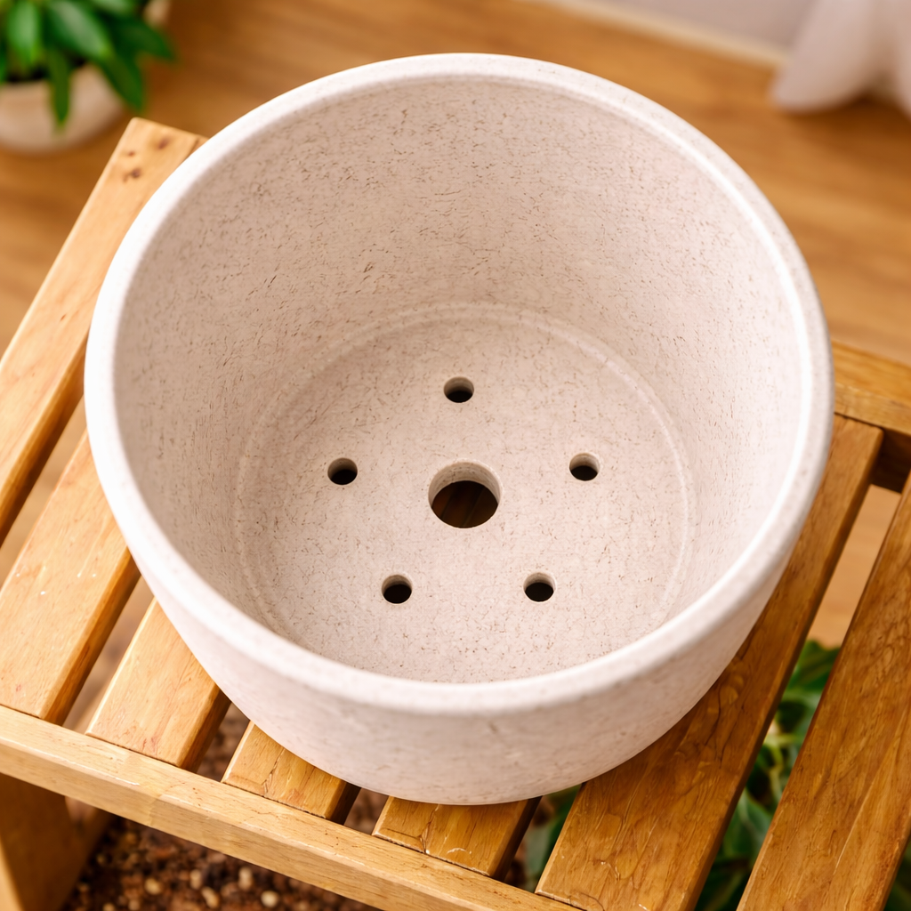 Top view of empty ceramic flower pot showing multiple drainage holes at the bottom