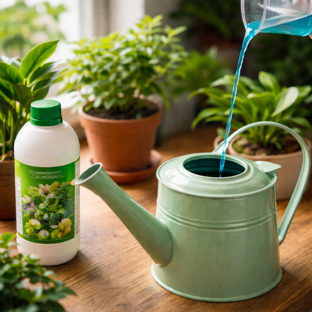 Liquid fertilizer being poured into a green watering can near indoor houseplants in natural window light