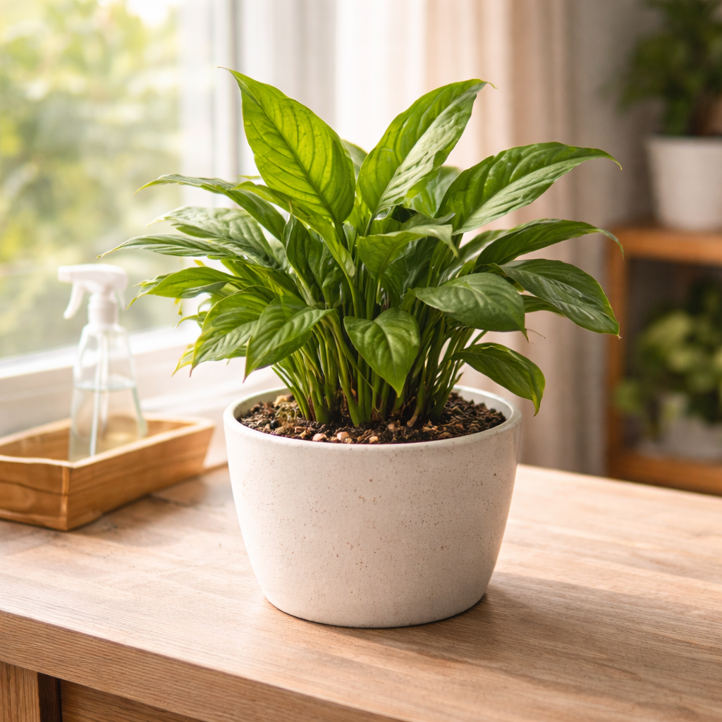 Healthy houseplant with upright leaves recovering after proper care and improved drainage