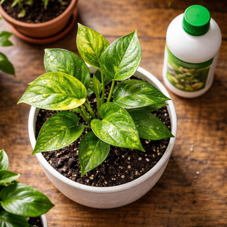 Top view of healthy indoor plant in moist soil after watering with fertilizer bottle placed nearby