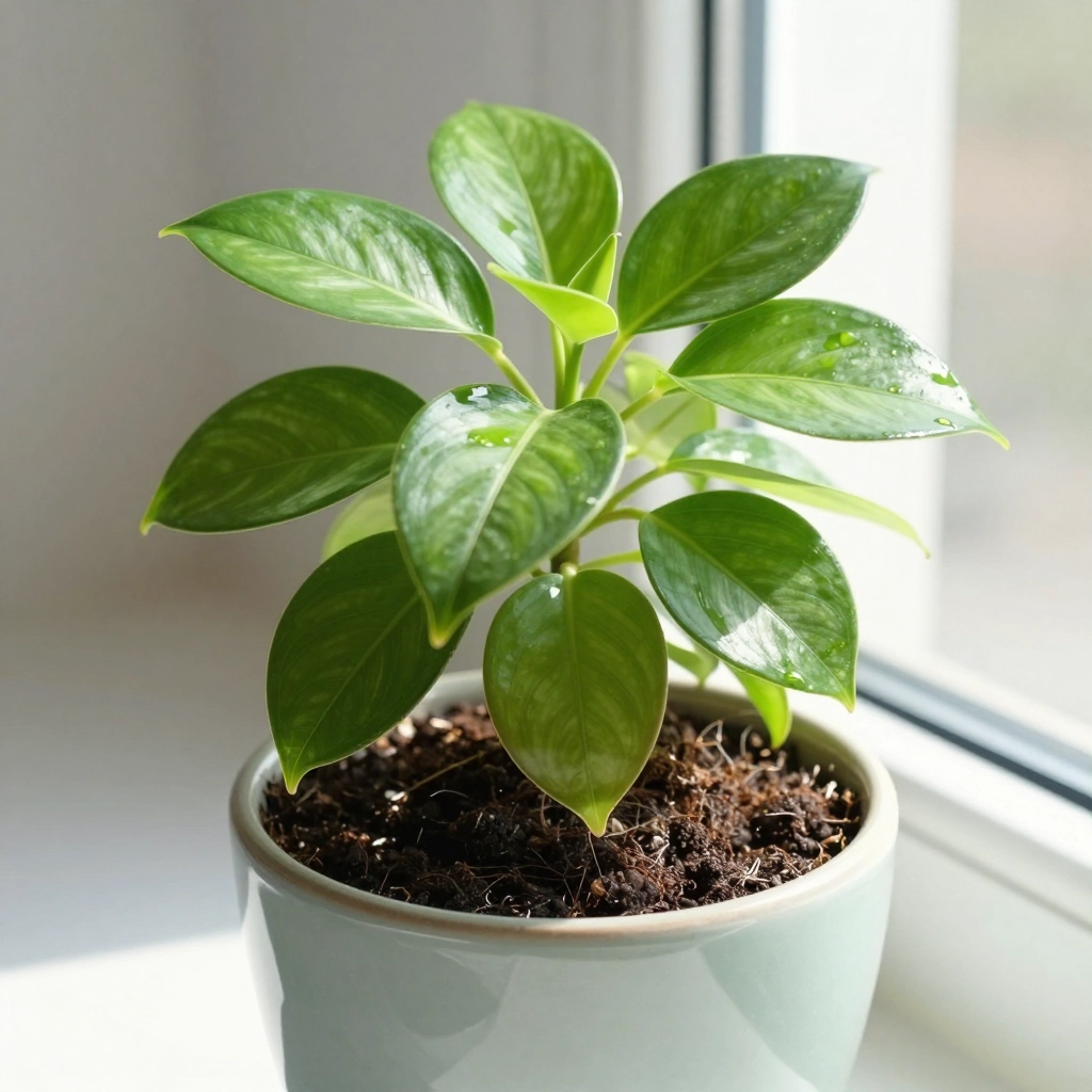 Healthy lush green houseplant in white ceramic pot with clean soil and no salt buildup