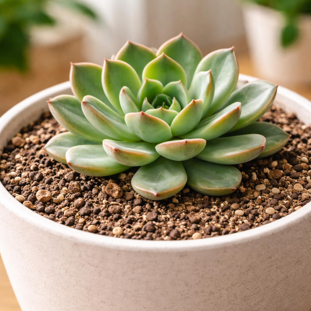 Healthy succulent plant in ceramic pot with completely dry soil surface indoors