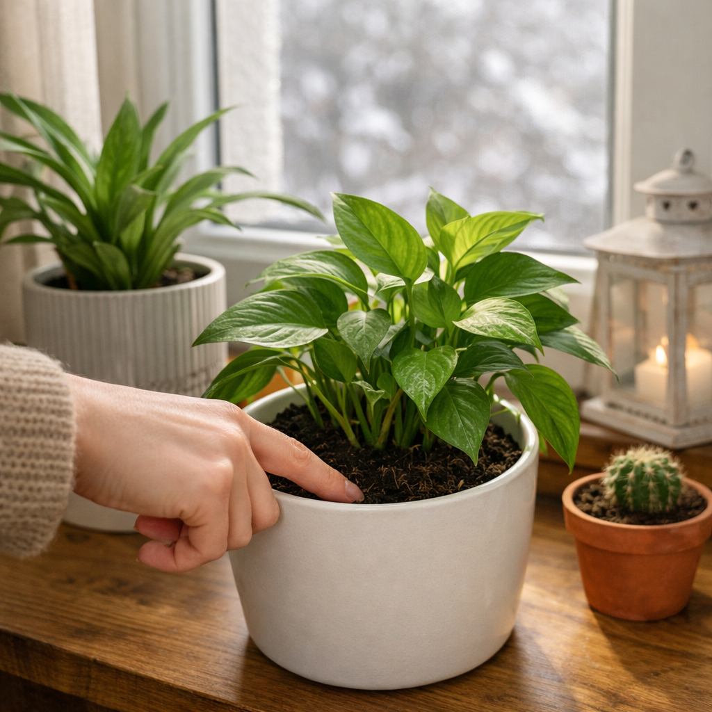 Checking soil moisture of an indoor houseplant near a window during winter using a finger