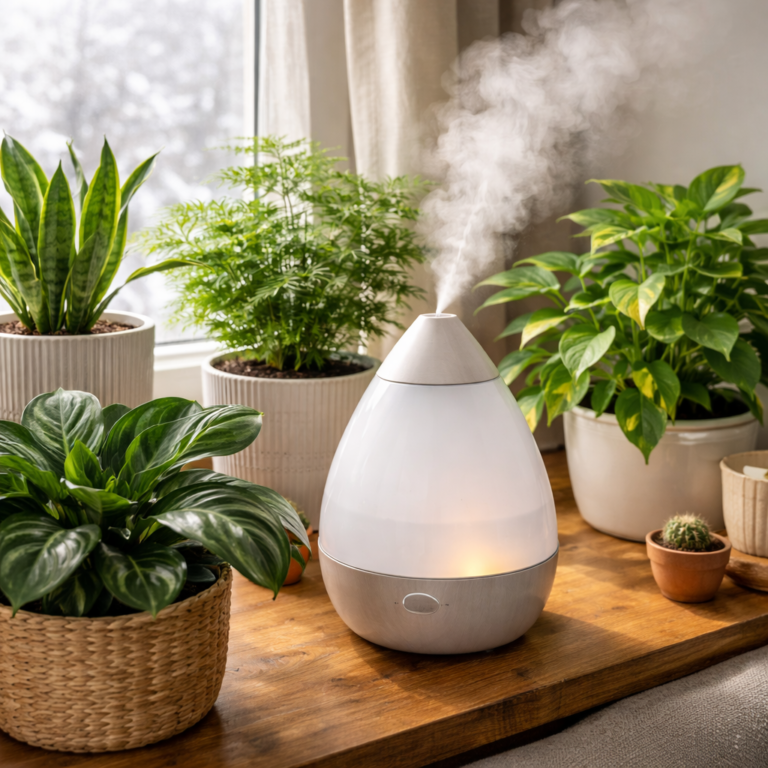 Group of healthy indoor plants with a humidifier nearby during winter in a cozy home