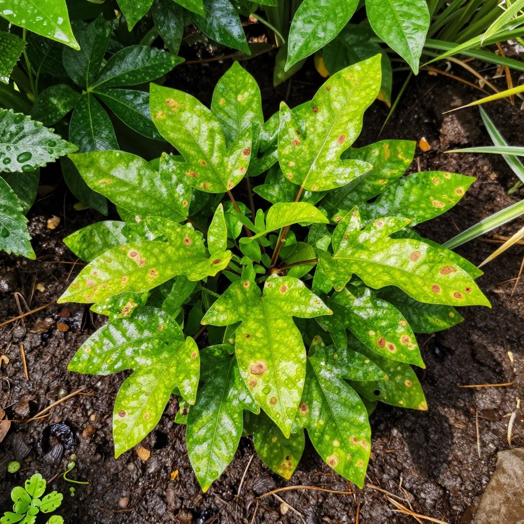 Garden plants with wet leaves showing early leaf spot disease symptoms after overhead watering