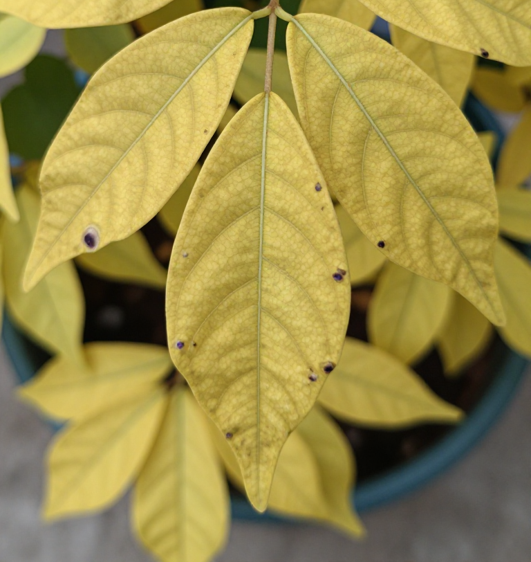 Yellowing plant leaves with visible leaf spot disease lesions in soft natural light