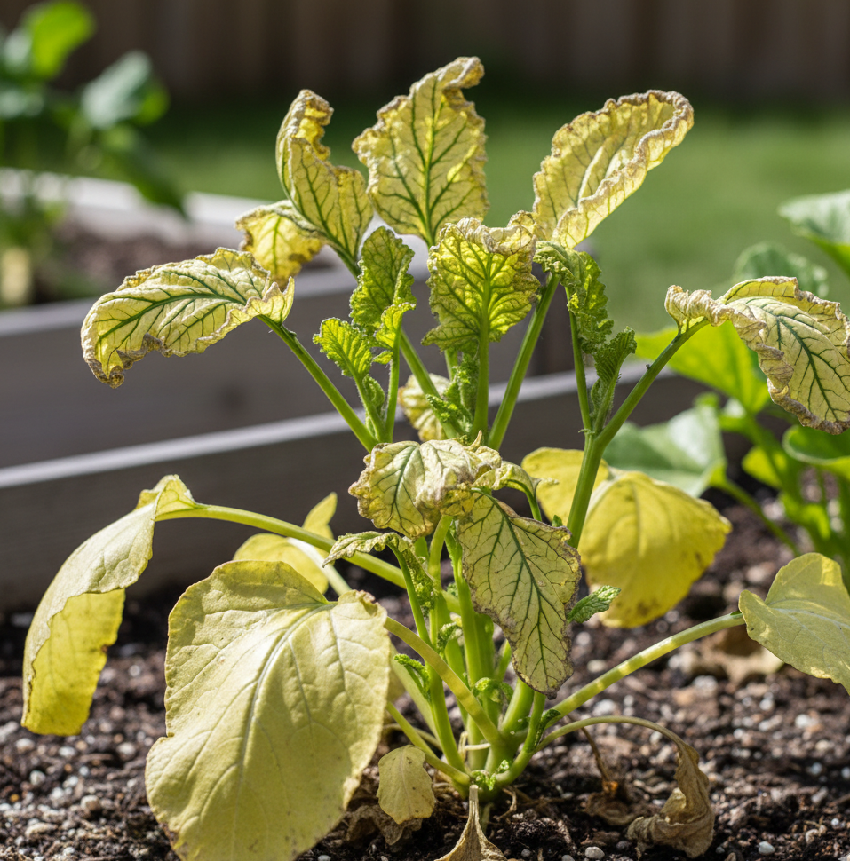 Plant leaves showing yellowing and discoloration caused by nutrient deficiency in plants