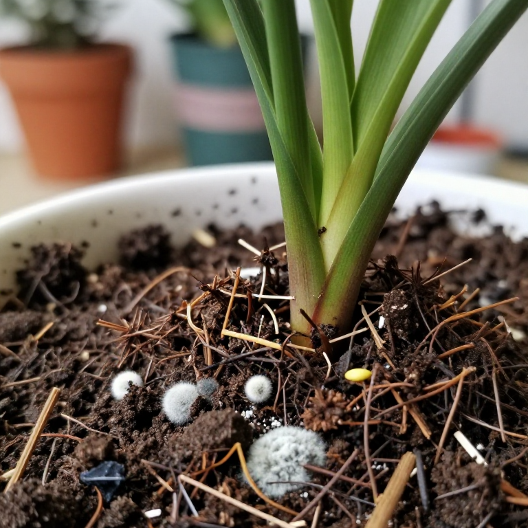 Close-up of mold growing on indoor plant soil during winter