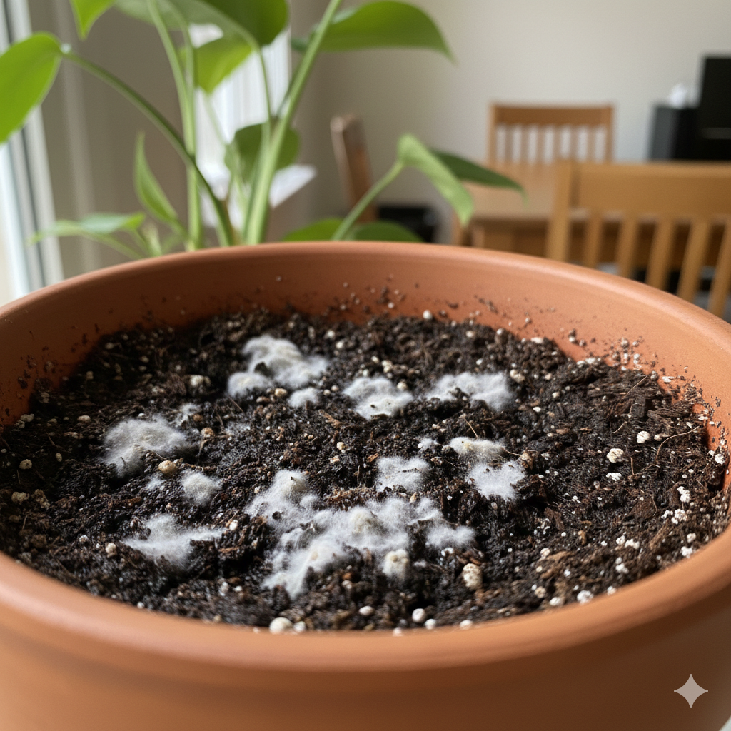 White fuzzy mold growing on indoor plant potting soil