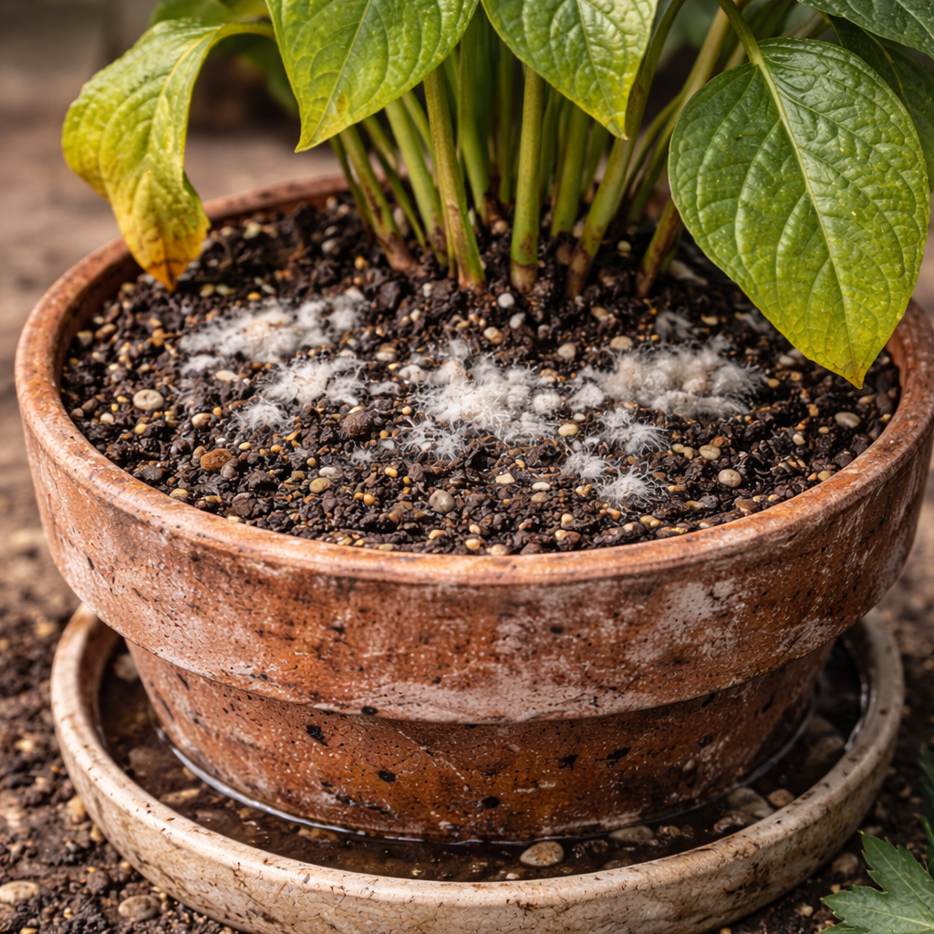 Indoor plant pot with mold caused by overwatering