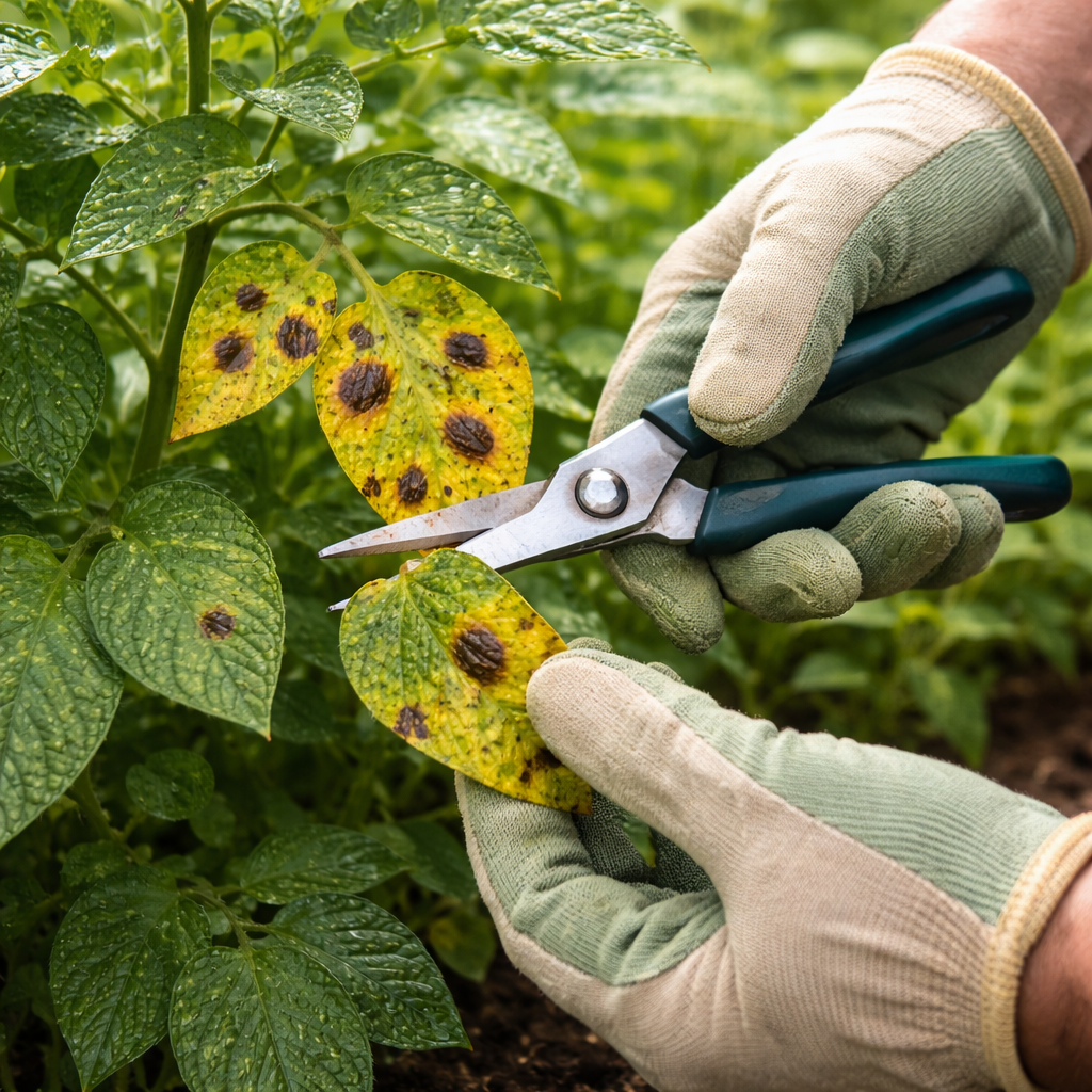 Gardener pruning infected plant leaves affected by leaf spot disease with clean scissors