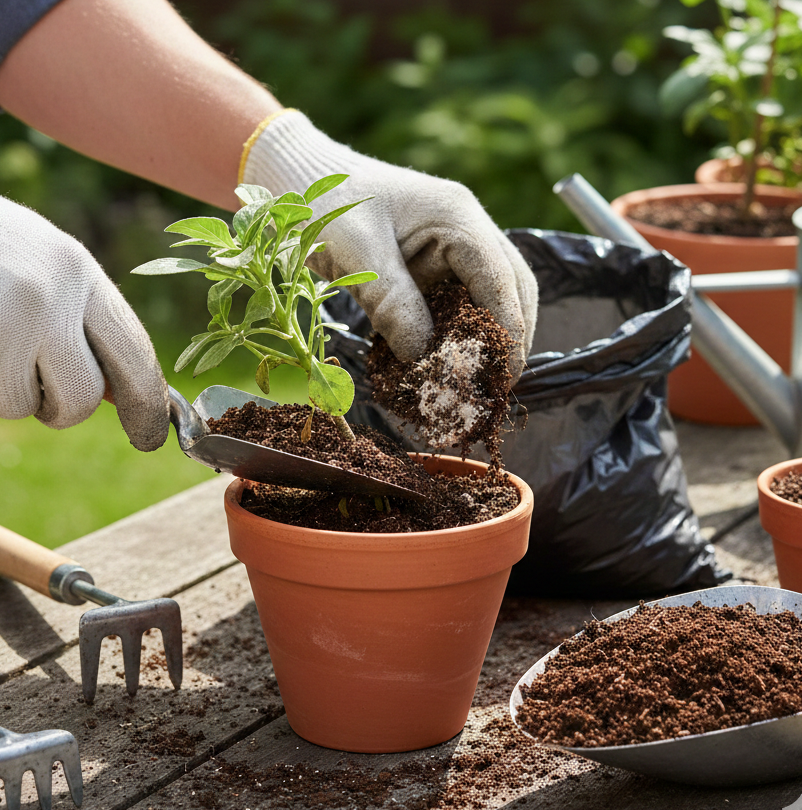 removing moldy top layer of soil from plant pot