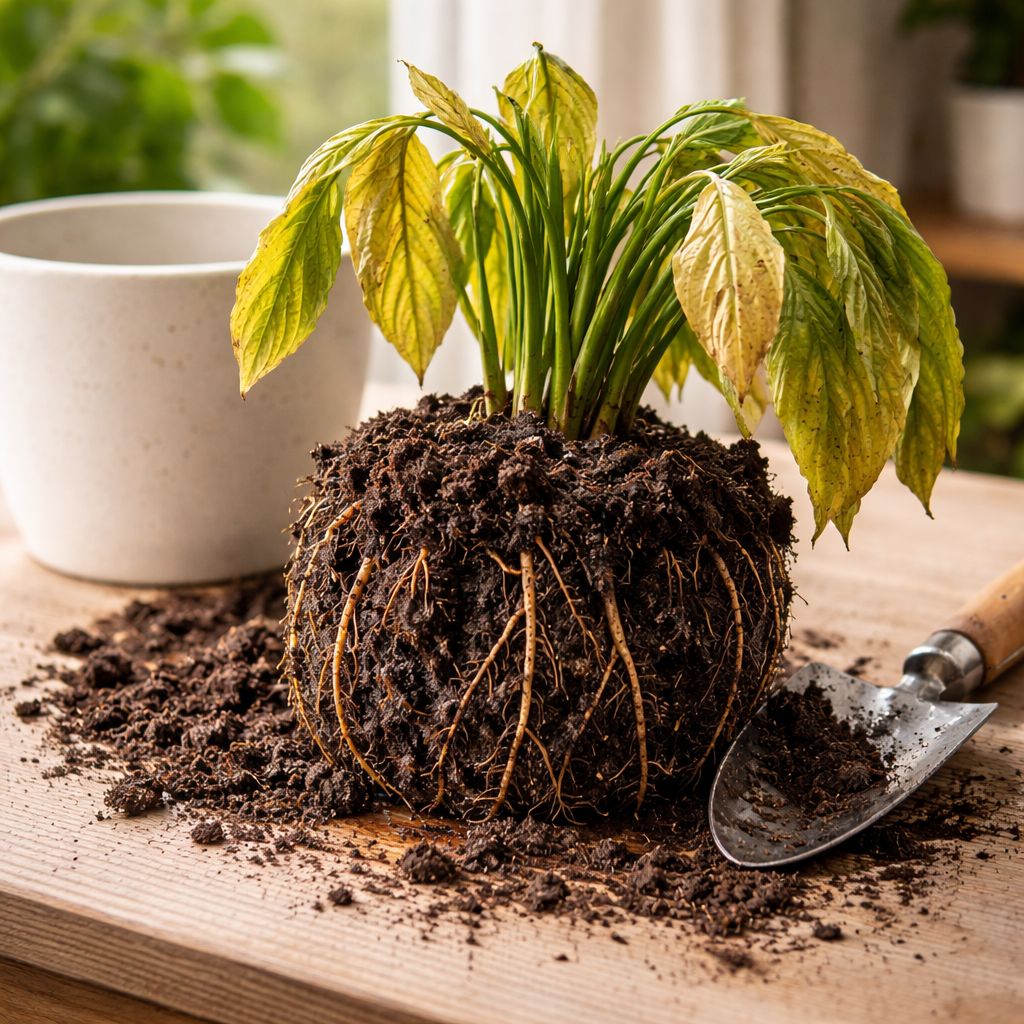 Houseplant removed from pot showing dark, mushy roots caused by root rot