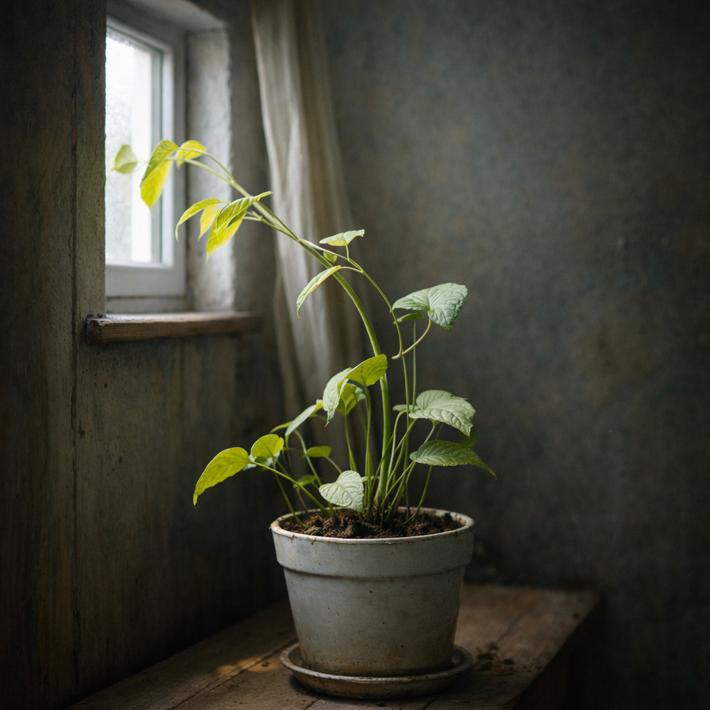 indoor plant stretching toward window due to low light