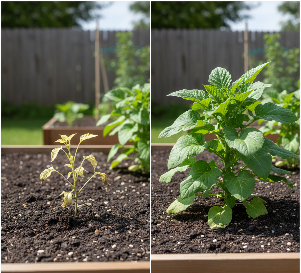 Side-by-side comparison of stunted garden plant and healthy plant showing dramatic size difference