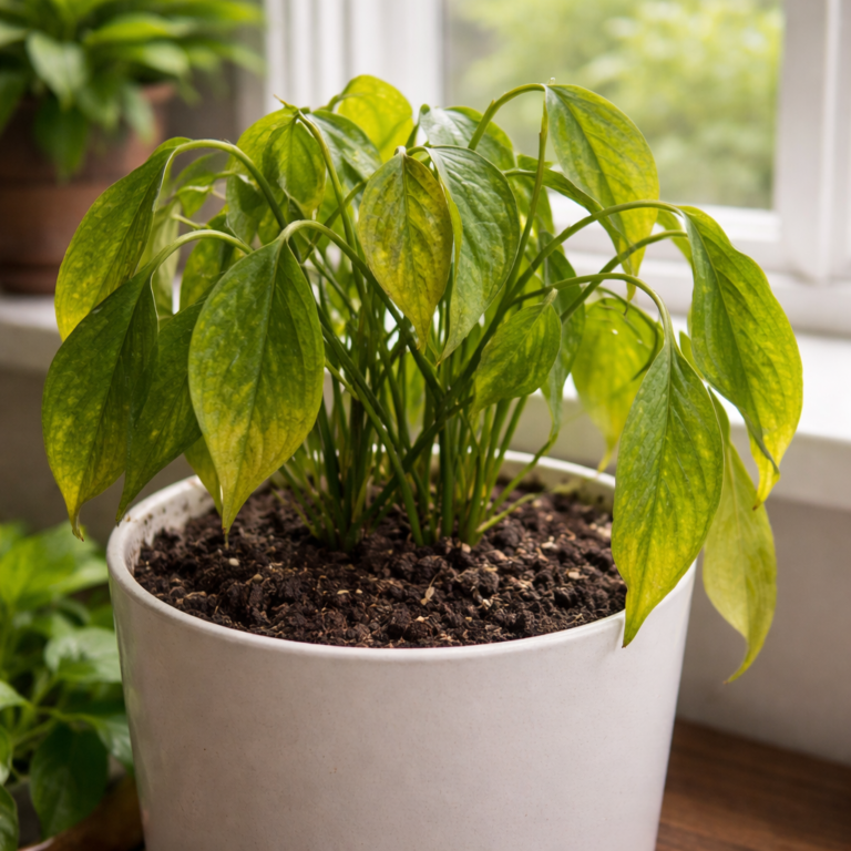 Wilting plant leaves despite moist soil near a window in an indoor home environment