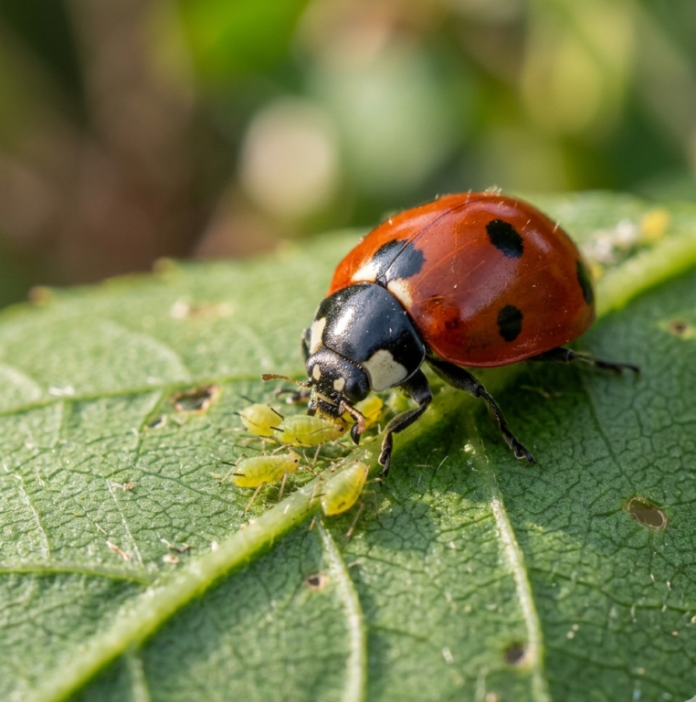 Close-up macro photograph of a ladybug eating green aphids on a leaf in natural sunlight