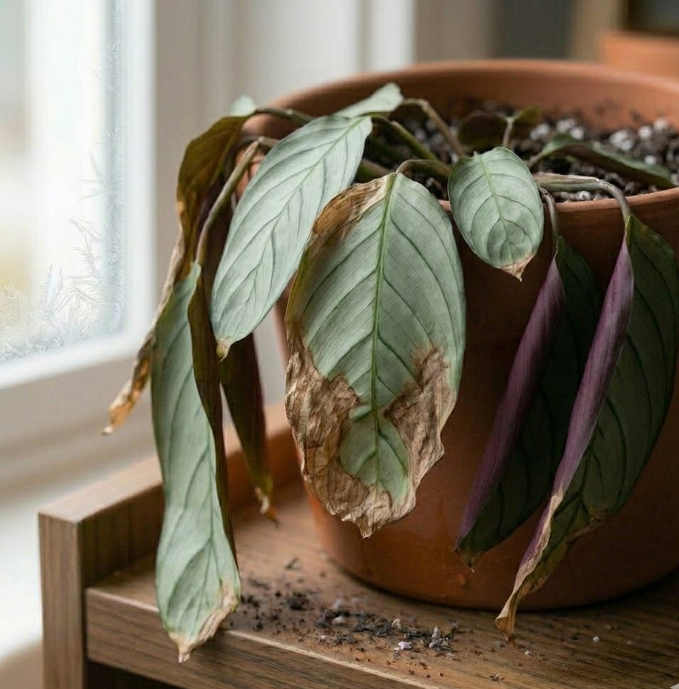 calathea plant drooping leaves near cold window draft indoor plant stress