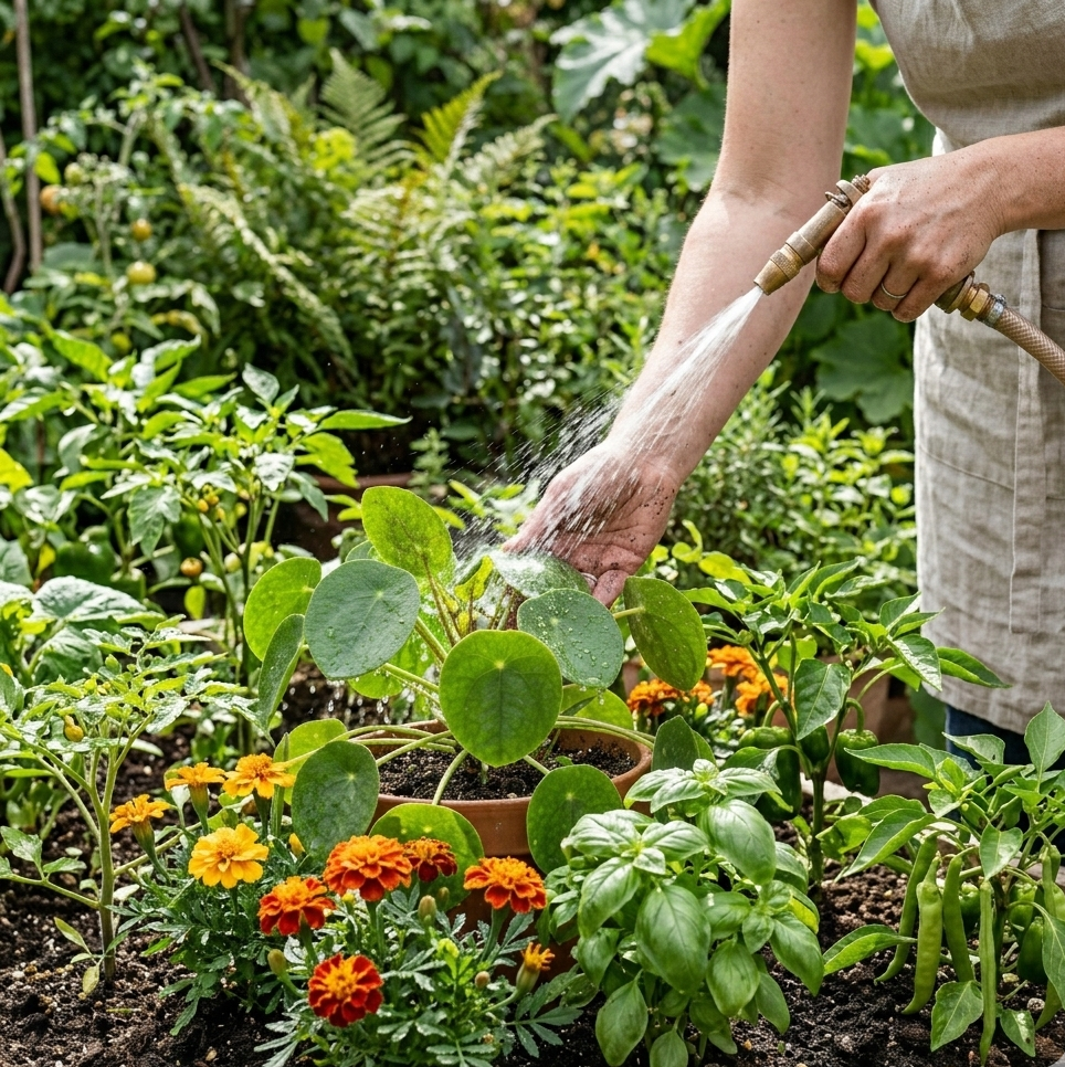 Bright garden scene with marigolds, basil, and vegetable plants growing together in sunny natural light