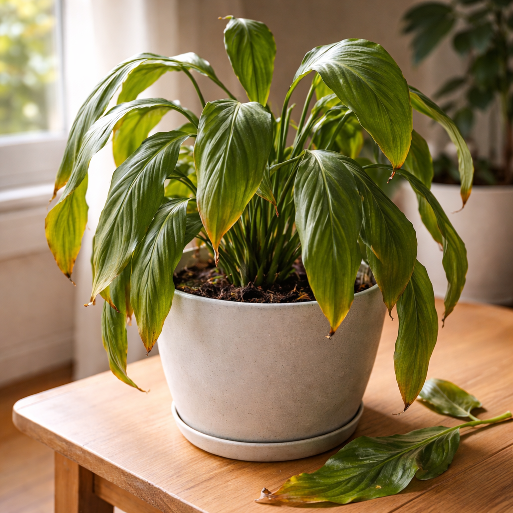 drooping indoor houseplant with stressed leaves in pot near window