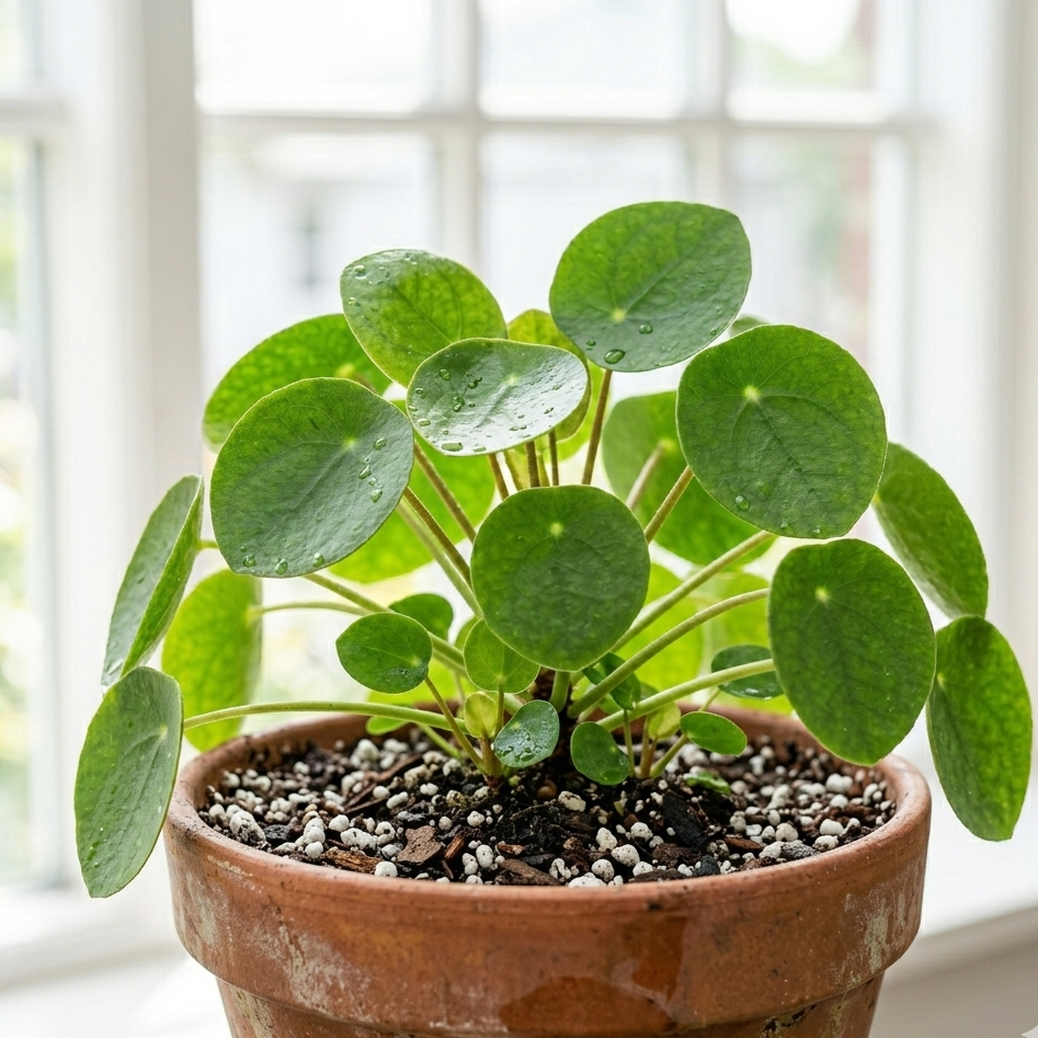 Close-up of a healthy compact houseplant growing in rich well-draining potting soil with visible perlite in bright natural light
