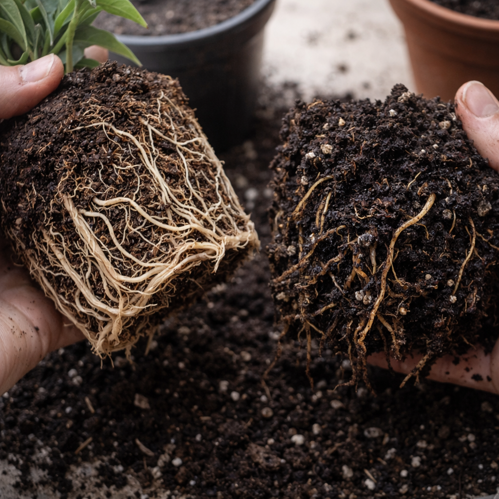 Healthy white plant roots and damaged brown roots during repotting close-up